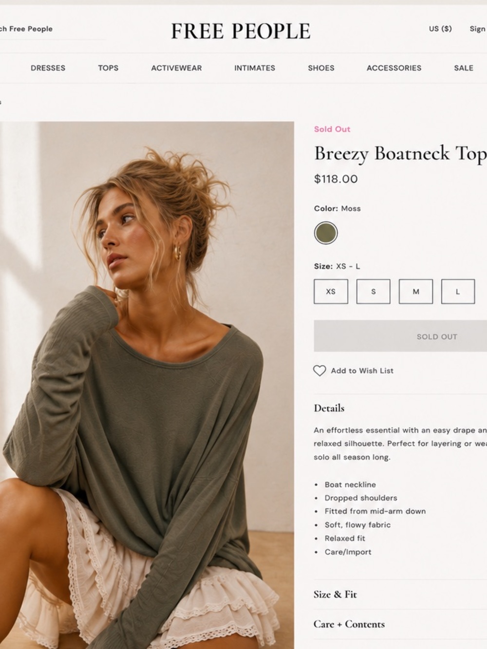 Free People Breezy Boatneck Top in Moss Green
